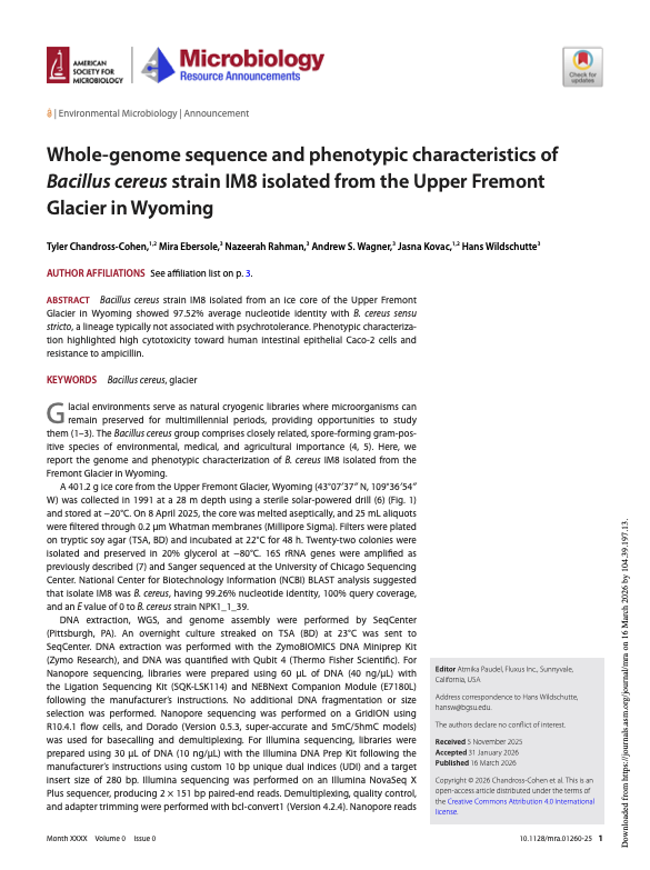 Whole-genome sequence and phenotypic characteristics of Bacillus cereus strain IM8 isolated from the Upper Fremont Glacier in Wyoming