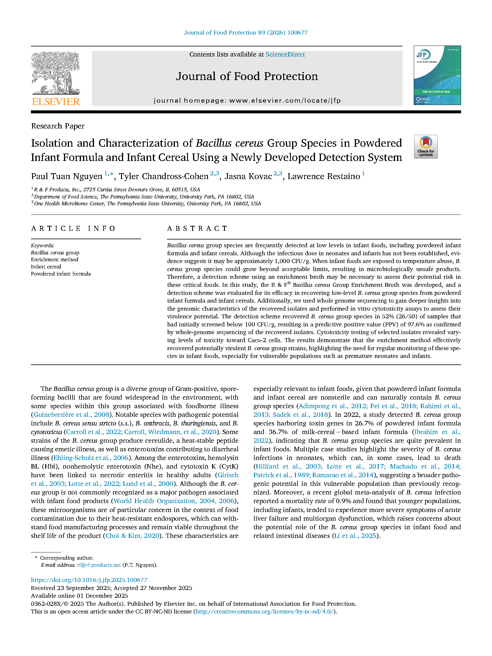 Isolation and Characterization of Bacillus cereus Group Species in Powdered Infant Formula and Infant Cereal Using a Newly Developed Detection System