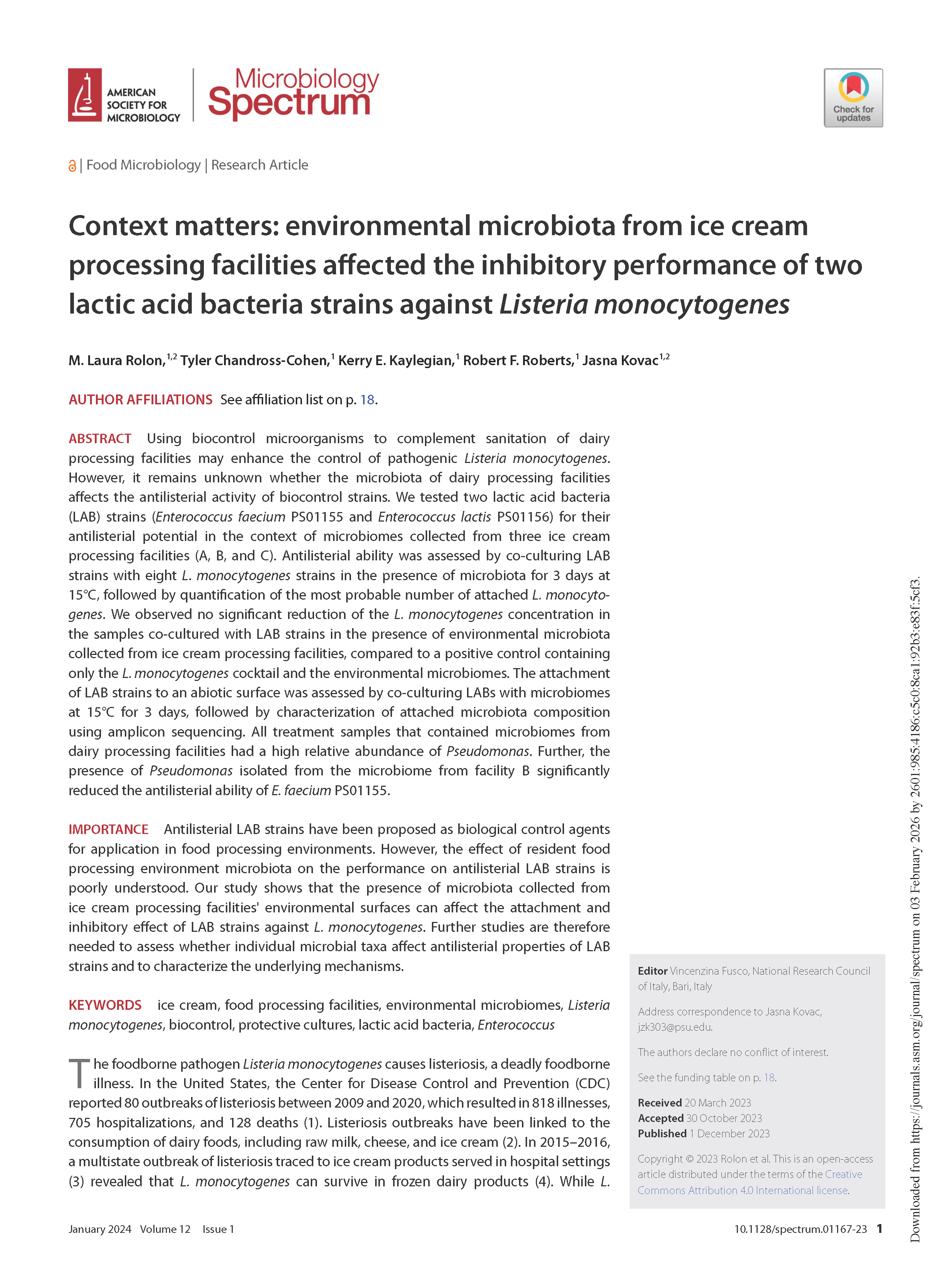 Context matters: environmental microbiota from ice cream processing facilities affected the inhibitory performance of two lactic acid bacteria strains against Listeria