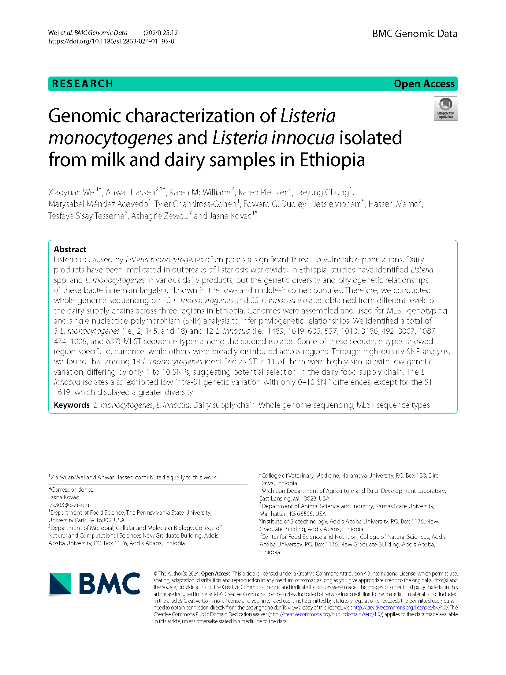 Genomic characterization of Listeria monocytogenes and Listeria innocua isolated from milk and dairy samples in Ethiopia
